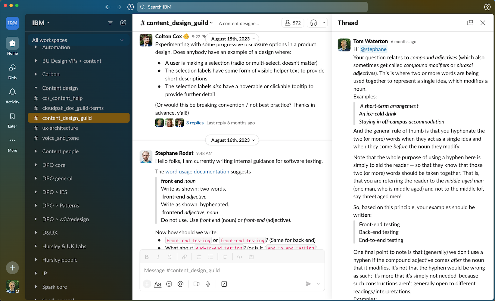 Screenshot of our IBM Content Design Guild Slack channel