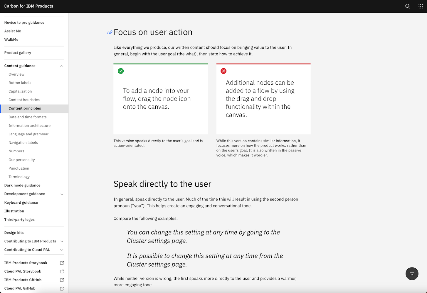 Screenshot of the content guidance section within the Carbon for IBM Products site