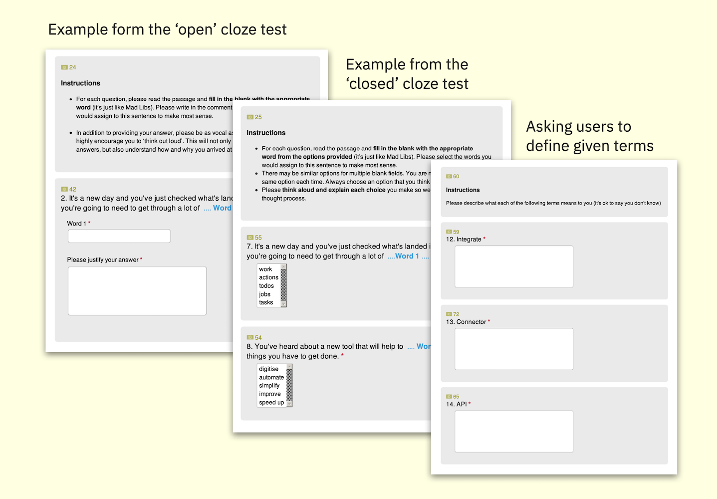 Examples from the terminology cloze test that I ran
