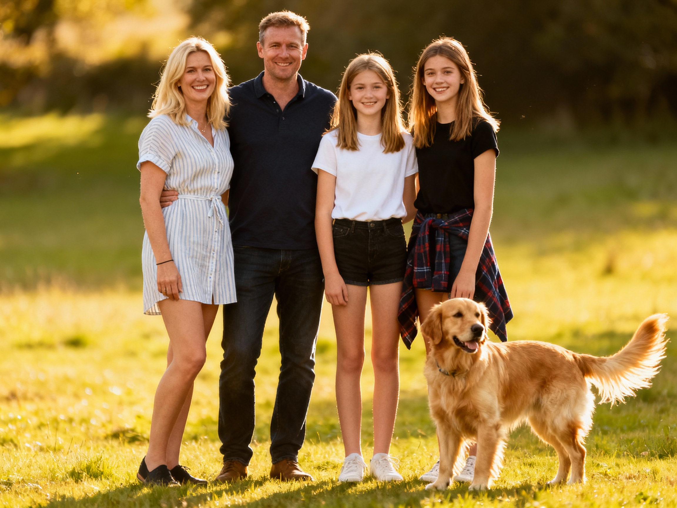 A family standing with their dog, generated by AI (not my actual family)