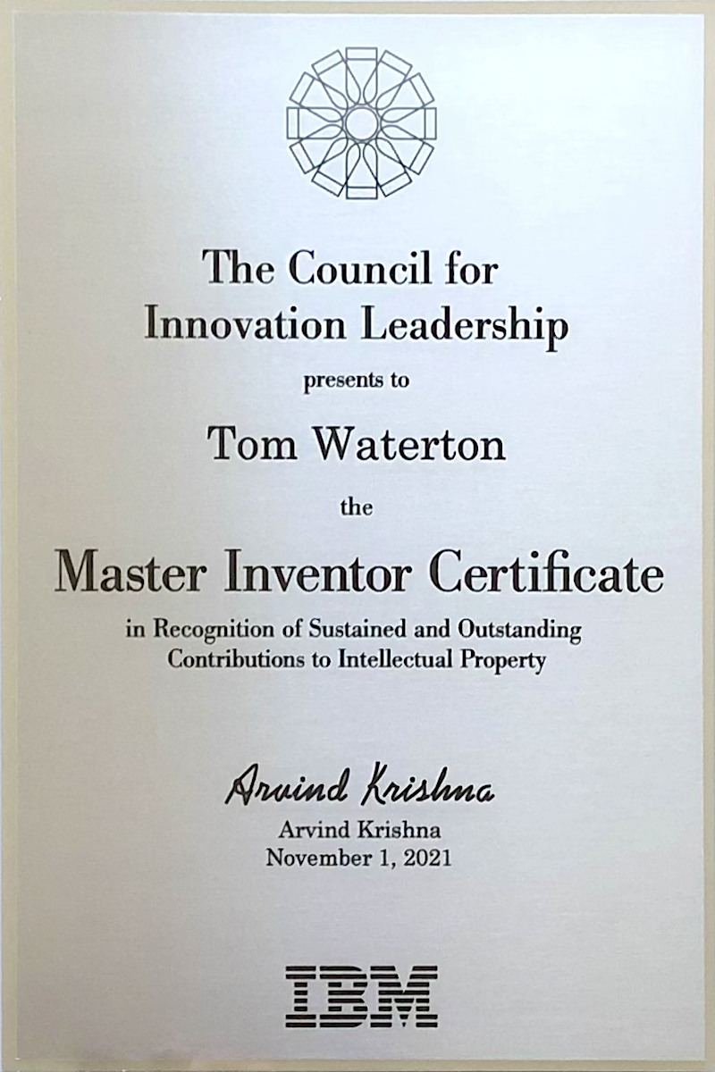 My IBM Master Inventor framed certificate